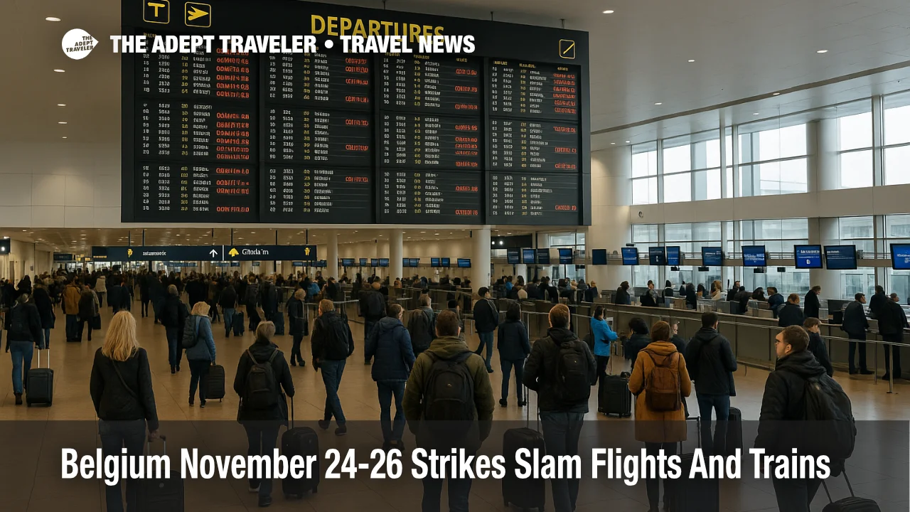 Travelers at Brussels Airport during Belgium national strike as flights and trains are disrupted and departures are canceled.