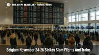 Travelers at Brussels Airport during Belgium national strike as flights and trains are disrupted and departures are canceled.