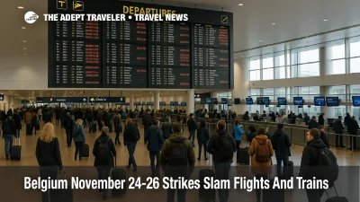Travelers at Brussels Airport during Belgium national strike as flights and trains are disrupted and departures are canceled.