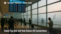 Travelers watch departure boards at Dubai International Airport as Dubai fog flight delays disrupt Gulf hub connections and increase misconnect risk