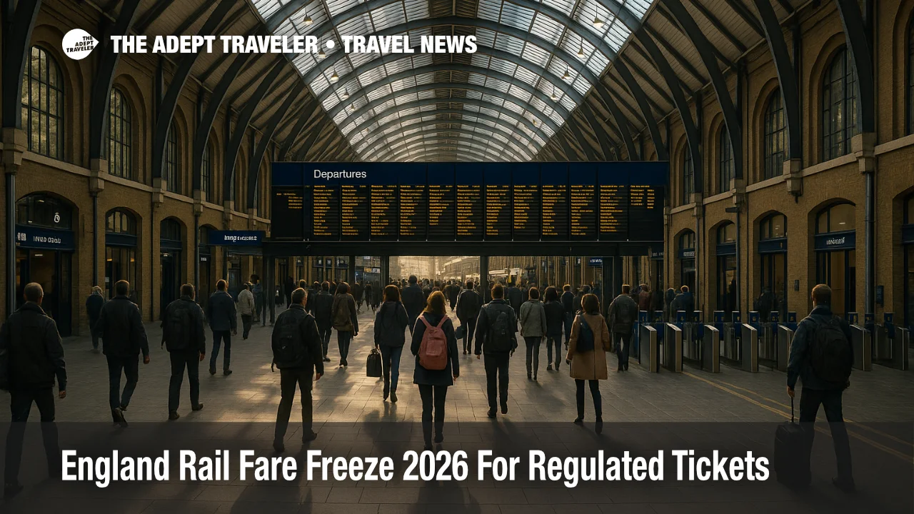 Commuters wait under a departures board at London Kings Cross during the England rail fare freeze 2026 on regulated tickets.