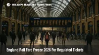 Commuters wait under a departures board at London Kings Cross during the England rail fare freeze 2026 on regulated tickets.