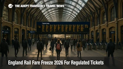 Commuters wait under a departures board at London Kings Cross during the England rail fare freeze 2026 on regulated tickets.