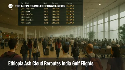 Travelers watch a departures board at Mumbai airport as Ethiopia ash India flights are delayed and rerouted on key Gulf and Europe routes