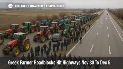 Tractors block the Athens to Thessaloniki highway in Greece farmer roadblocks highways protest causing heavy delays for road travelers