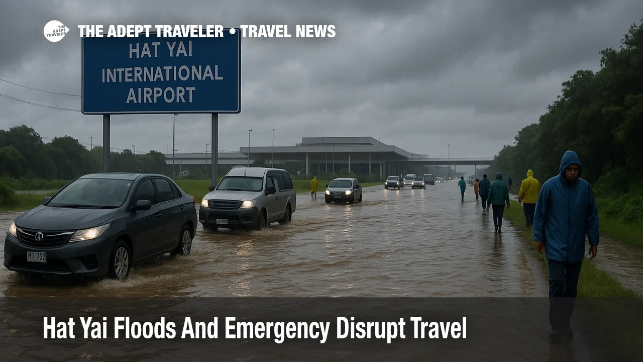 Vehicles and travelers move slowly through floodwater on the road to Hat Yai International Airport as Hat Yai floods travel disruption continues