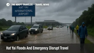 Vehicles and travelers move slowly through floodwater on the road to Hat Yai International Airport as Hat Yai floods travel disruption continues