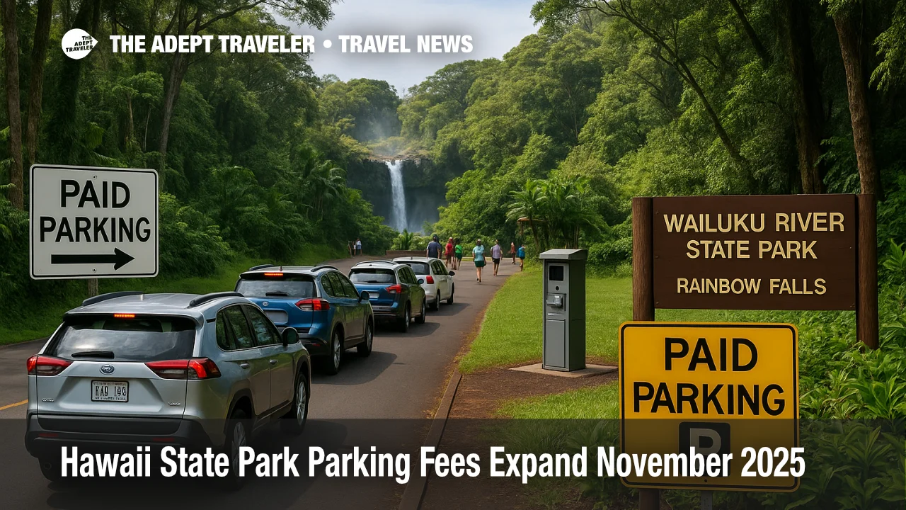 Visitors queue cars at Wailuku River State Park as new Hawaii state park parking fees start affecting access to Rainbow Falls
