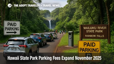 Visitors queue cars at Wailuku River State Park as new Hawaii state park parking fees start affecting access to Rainbow Falls