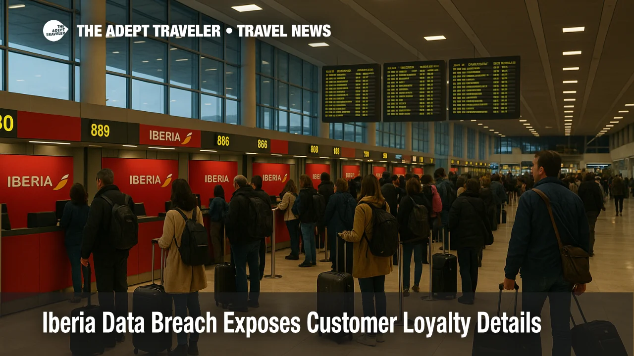 Travelers queue at Iberia check in desks in Madrid after an Iberia customer data breach exposes loyalty account details and raises phishing risks