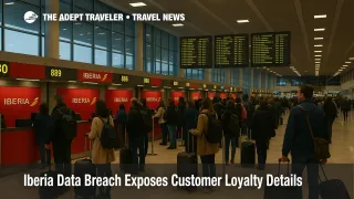 Travelers queue at Iberia check in desks in Madrid after an Iberia customer data breach exposes loyalty account details and raises phishing risks