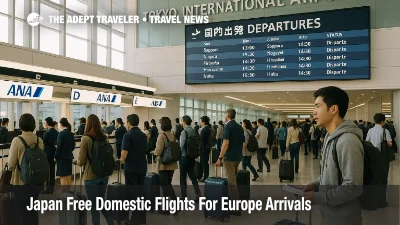 Travelers queue at ANA check in at Tokyo International Airport during Japan free domestic flights offer for Europe originating passengers 