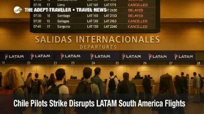 Travelers watch a departure board at Santiago airport showing delays and cancellations after the LATAM pilots strike disrupted South America flights.