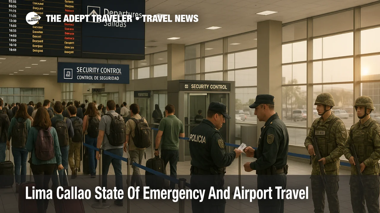 Travelers at Jorge Chavez International Airport as the Lima Callao state of emergency adds extra ID checks at security.