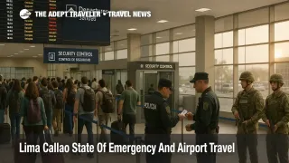 Travelers at Jorge Chavez International Airport as the Lima Callao state of emergency adds extra ID checks at security.