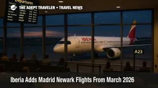 Travelers wait at a Newark Liberty gate as new Madrid Newark flights on Iberia A321XLR aircraft prepare for evening boarding in a busy concourse