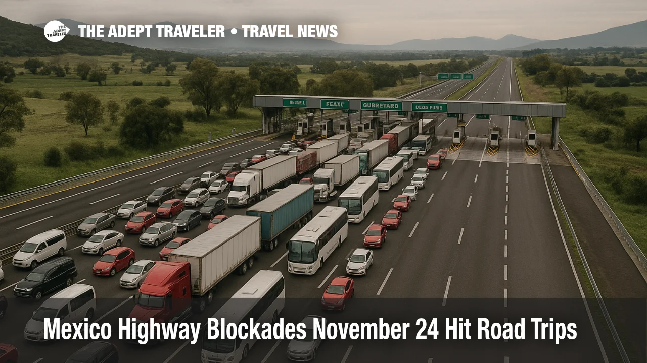 Aerial photo of Mexico highway blockades November 24 showing trucks and buses stopped at a toll plaza on the Mexico City to Queretaro route, with long queues in both directions.