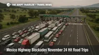 Aerial photo of Mexico highway blockades November 24 showing trucks and buses stopped at a toll plaza on the Mexico City to Queretaro route, with long queues in both directions.