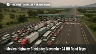 Aerial photo of Mexico highway blockades November 24 showing trucks and buses stopped at a toll plaza on the Mexico City to Queretaro route, with long queues in both directions.