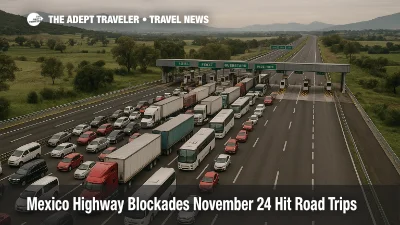 Aerial photo of Mexico highway blockades November 24 showing trucks and buses stopped at a toll plaza on the Mexico City to Queretaro route, with long queues in both directions.