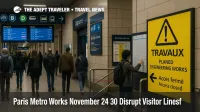 Travelers walk past works signage in a Paris RER hall as Paris metro works November 2025 disrupt key visitor routes.