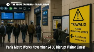 Travelers walk past works signage in a Paris RER hall as Paris metro works November 2025 disrupt key visitor routes.