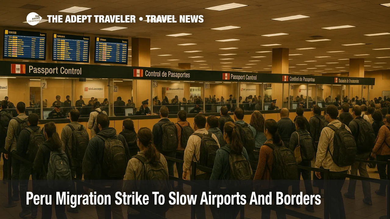 Lines at Lima airport immigration as the Peru migration strike November 27 slows passport control and risks missed flights.
