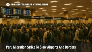 Lines at Lima airport immigration as the Peru migration strike November 27 slows passport control and risks missed flights.