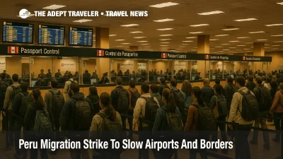 Lines at Lima airport immigration as the Peru migration strike November 27 slows passport control and risks missed flights.