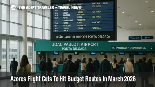 Travelers study the departures board at João Paulo II Airport as Ryanair Azores flight cuts leave fewer low cost options to Lisbon, Porto and Europe