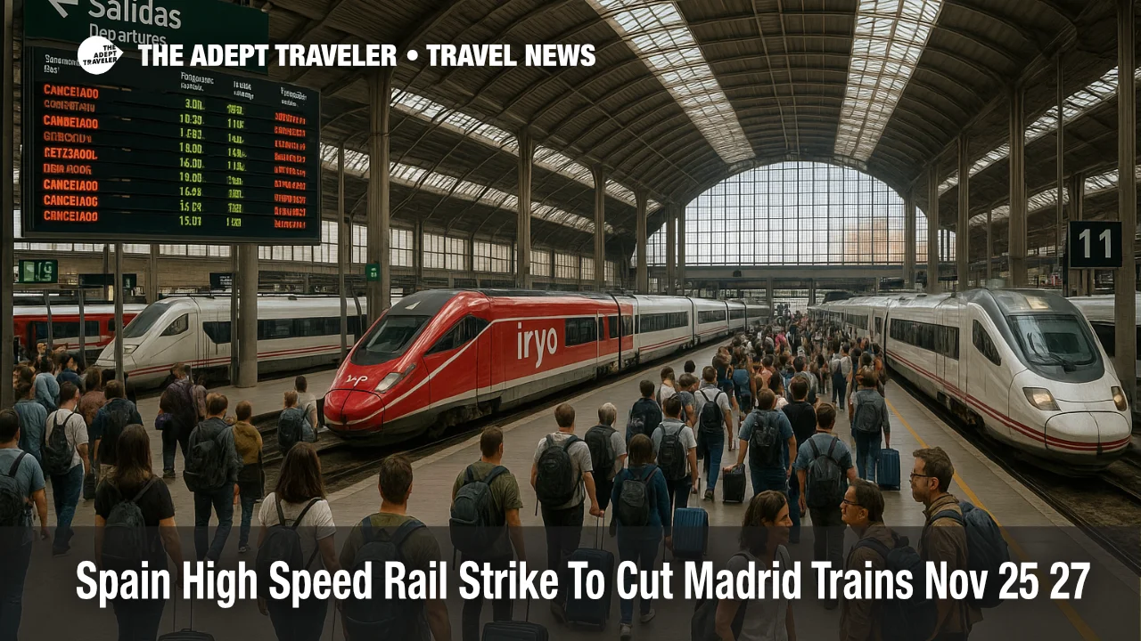 Travelers watch departure boards inside Madrid Atocha during the Iryo strike Spain high speed rail disruption as fewer high speed trains depart the platforms