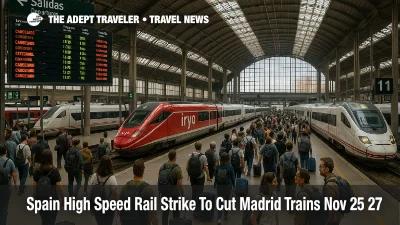 Travelers watch departure boards inside Madrid Atocha during the Iryo strike Spain high speed rail disruption as fewer high speed trains depart the platforms