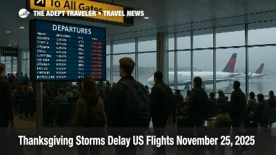 Travelers watch a delay filled departures board at JFK as Thanksgiving storms US flights disrupt holiday travel across the Northeast