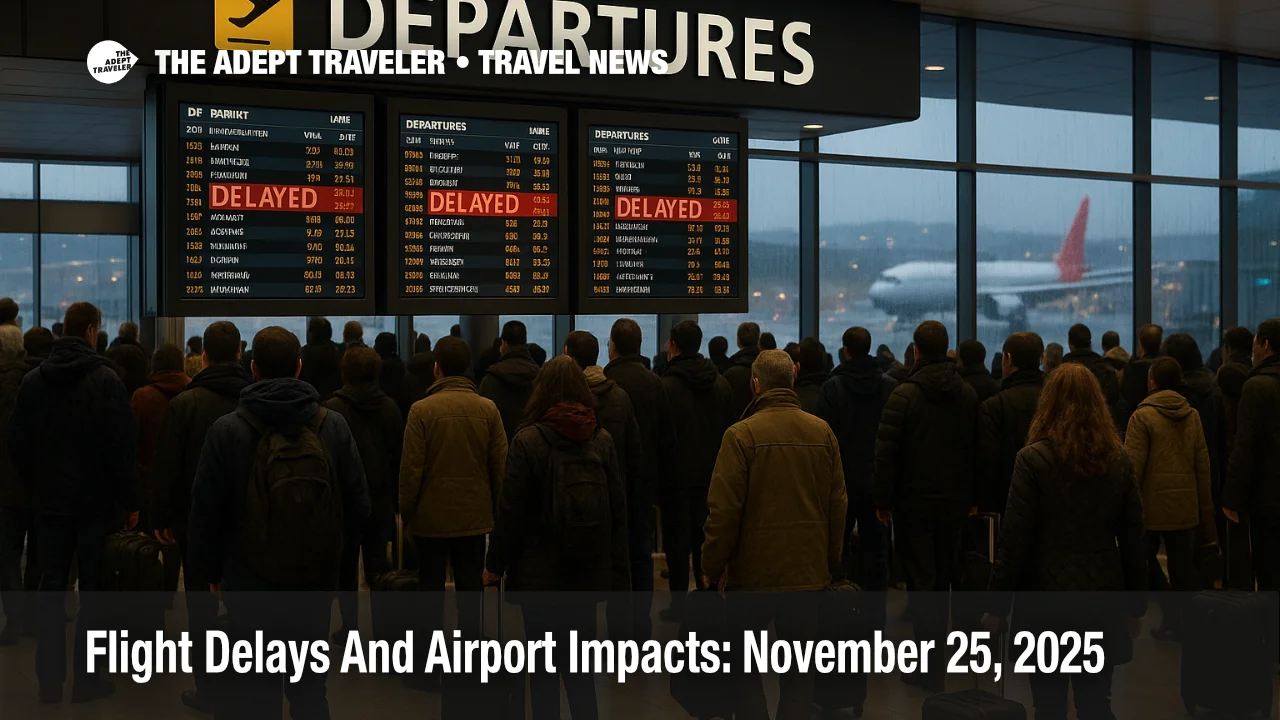Travelers watch boards showing US airport delays November 25 2025 at Atlanta airport as storms and low clouds disrupt Thanksgiving flights and tight connections.