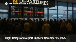 Travelers watch boards showing US airport delays November 25 2025 at Atlanta airport as storms and low clouds disrupt Thanksgiving flights and tight connections.