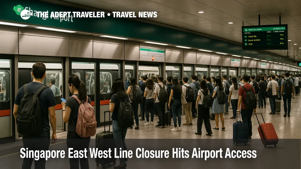 Passengers wait at Changi Airport MRT station as East West Line closure causes slower rail trips from central Singapore.