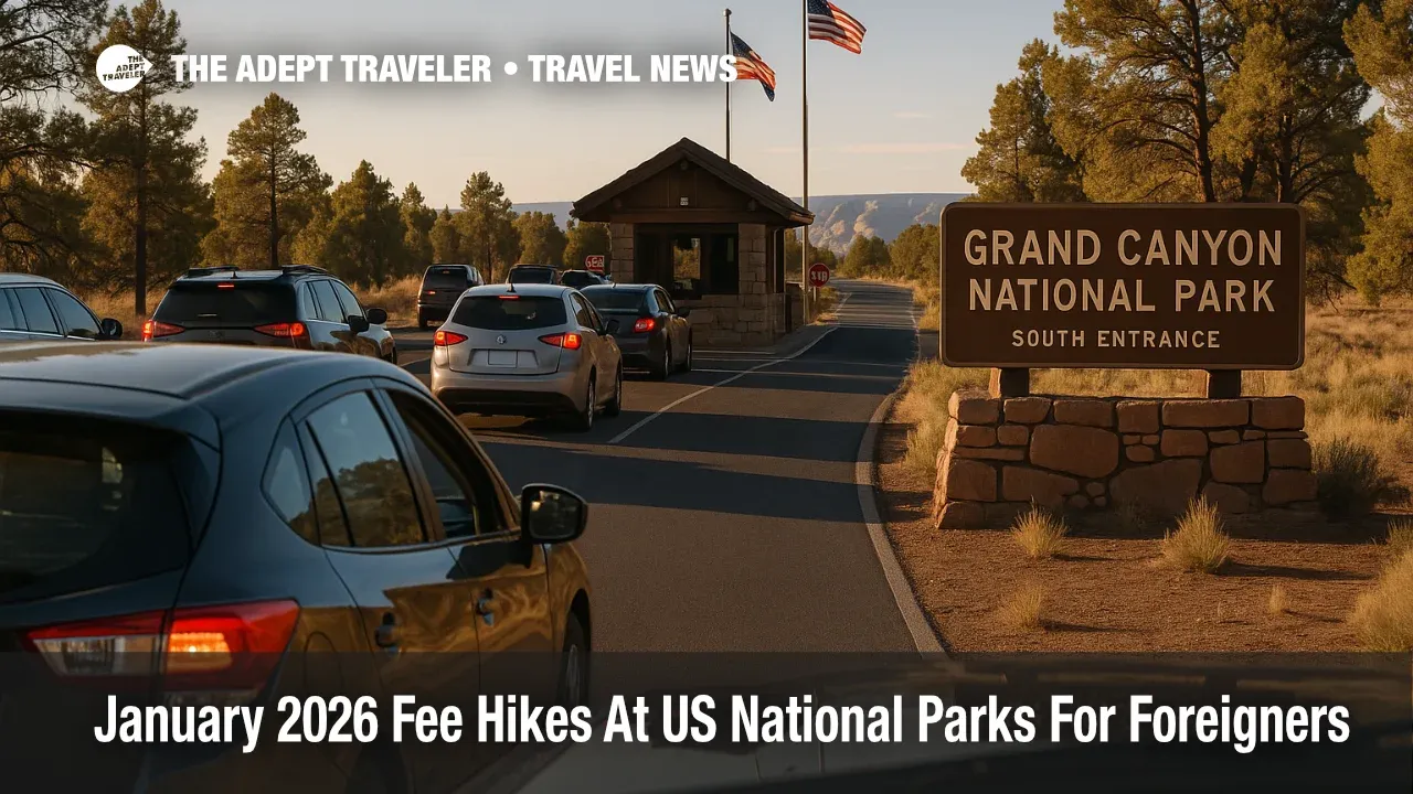 Nonresident visitors line up at a Grand Canyon entrance as US national park fee hikes for foreign visitors 2026 begin.