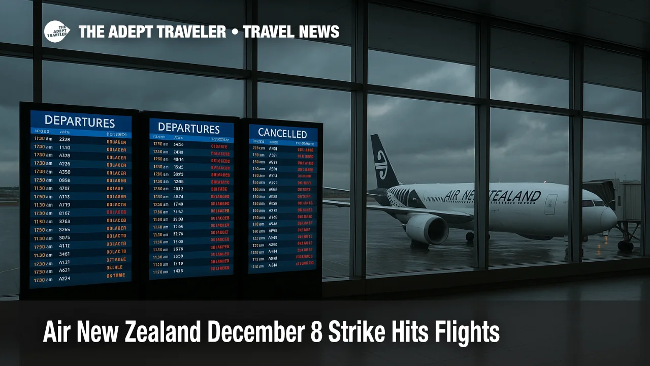 Air New Zealand December 8 strike disrupts departures at Auckland Airport with delayed flights showing on departure boards in a quiet terminal scene.
