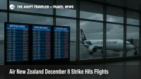 Air New Zealand December 8 strike disrupts departures at Auckland Airport with delayed flights showing on departure boards in a quiet terminal scene.