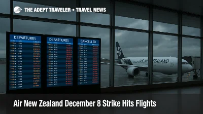 Air New Zealand December 8 strike disrupts departures at Auckland Airport with delayed flights showing on departure boards in a quiet terminal scene.