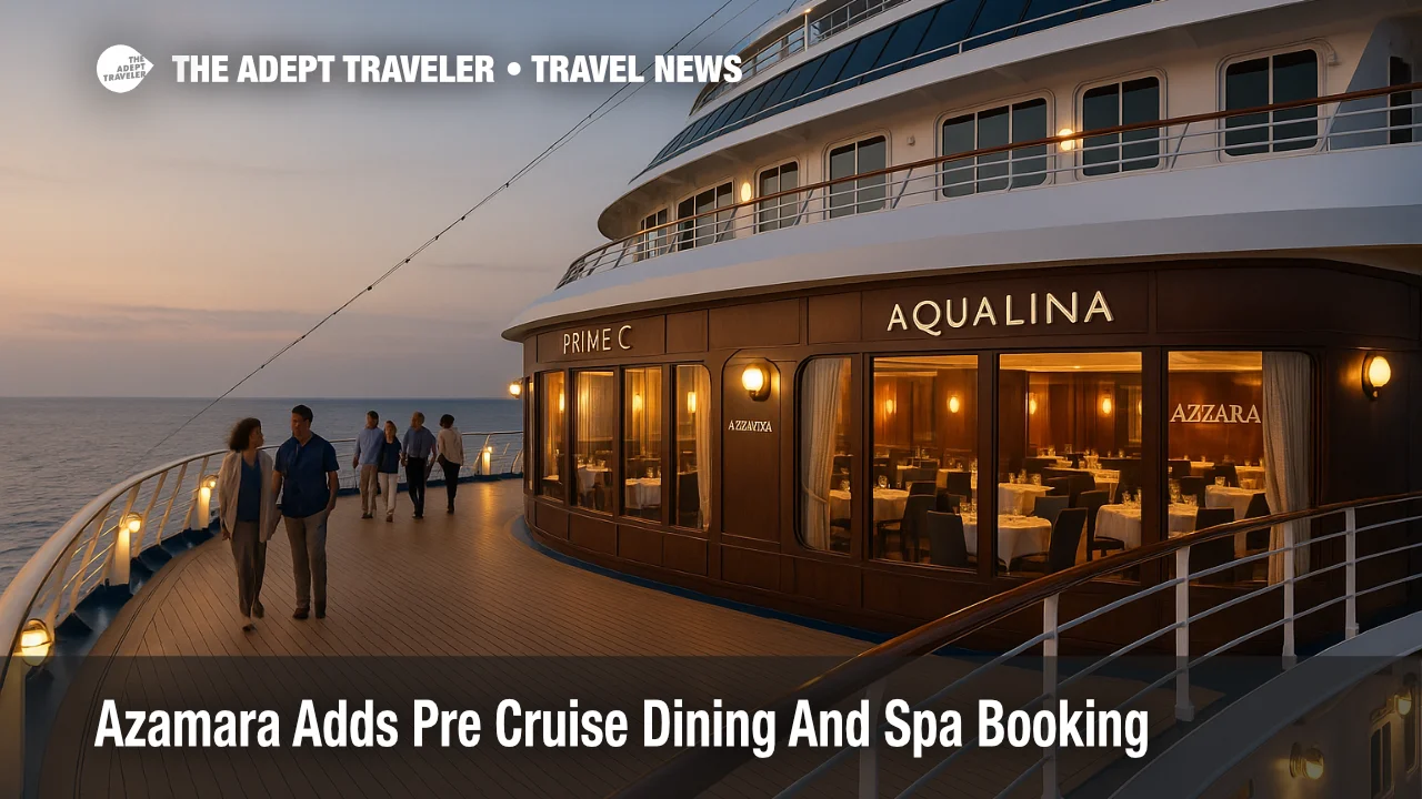 Guests stroll past Azamara specialty restaurants on deck at sea, illustrating Azamara pre cruise dining reservations that secure tables before sailing
