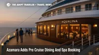 Guests stroll past Azamara specialty restaurants on deck at sea, illustrating Azamara pre cruise dining reservations that secure tables before sailing