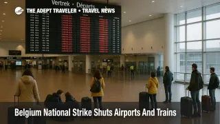 Passengers wait under a departures board at Brussels Airport during Belgium national strike flights and trains disruption.