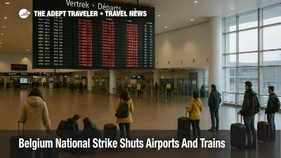 Passengers wait under a departures board at Brussels Airport during Belgium national strike flights and trains disruption.