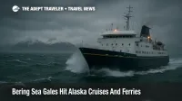 Ferry in choppy Gulf of Alaska seas as Bering Sea gales disrupt Alaska cruises and ferry trips for coastal travelers.