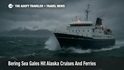 Ferry in choppy Gulf of Alaska seas as Bering Sea gales disrupt Alaska cruises and ferry trips for coastal travelers.