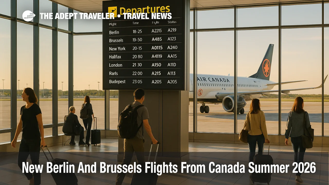Travelers at Montreal airport watch a departures board for new Berlin and Brussels flights from Canada starting in summer 2026