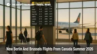 Travelers at Montreal airport watch a departures board for new Berlin and Brussels flights from Canada starting in summer 2026