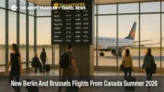Travelers at Montreal airport watch a departures board for new Berlin and Brussels flights from Canada starting in summer 2026