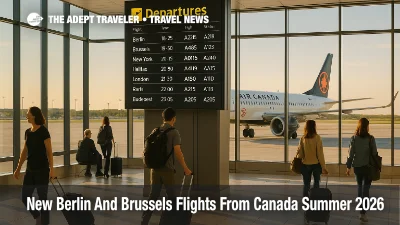 Travelers at Montreal airport watch a departures board for new Berlin and Brussels flights from Canada starting in summer 2026